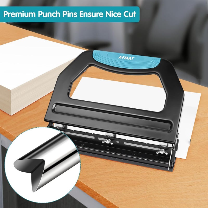 AFMAT 3 Hole Punch Heavy Duty, 9/32" Holes, 50-Sheet Hole Puncher 3 Ring, 50% Reduced Effort, Adjustable Two & Three Hole Punch, Metal Paper Puncher w/Large Chip Tray, Metal Paper Guide, Black, HP18 - Image 5